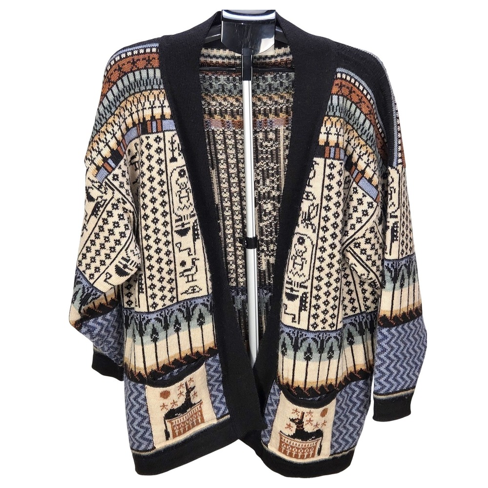 Womens VTG Past Times L Egyptian Hieroglyphic 100% Wool Anubis Cardigan Sweater